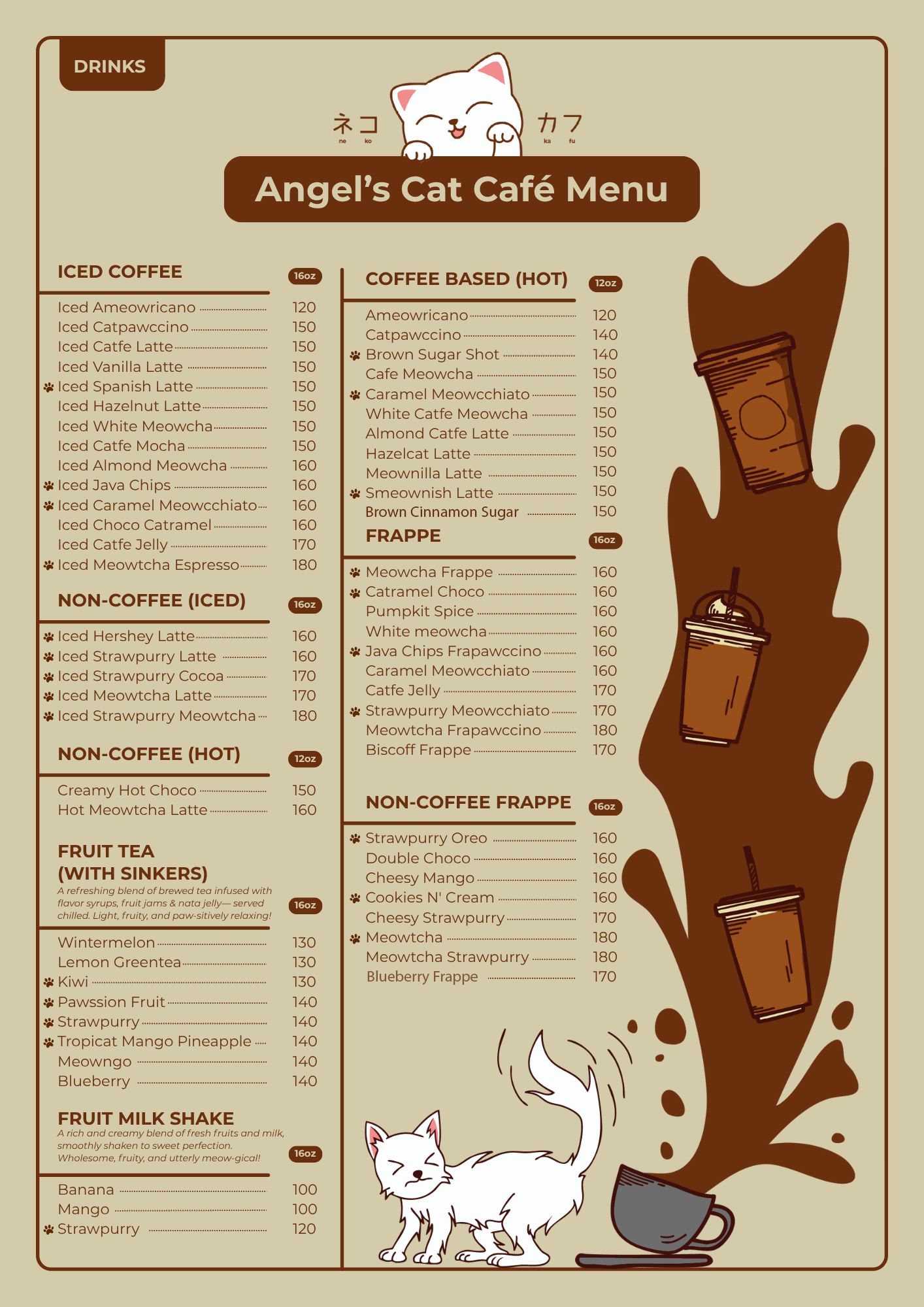 Angel's Cat Cafe menu — drinks and beverages